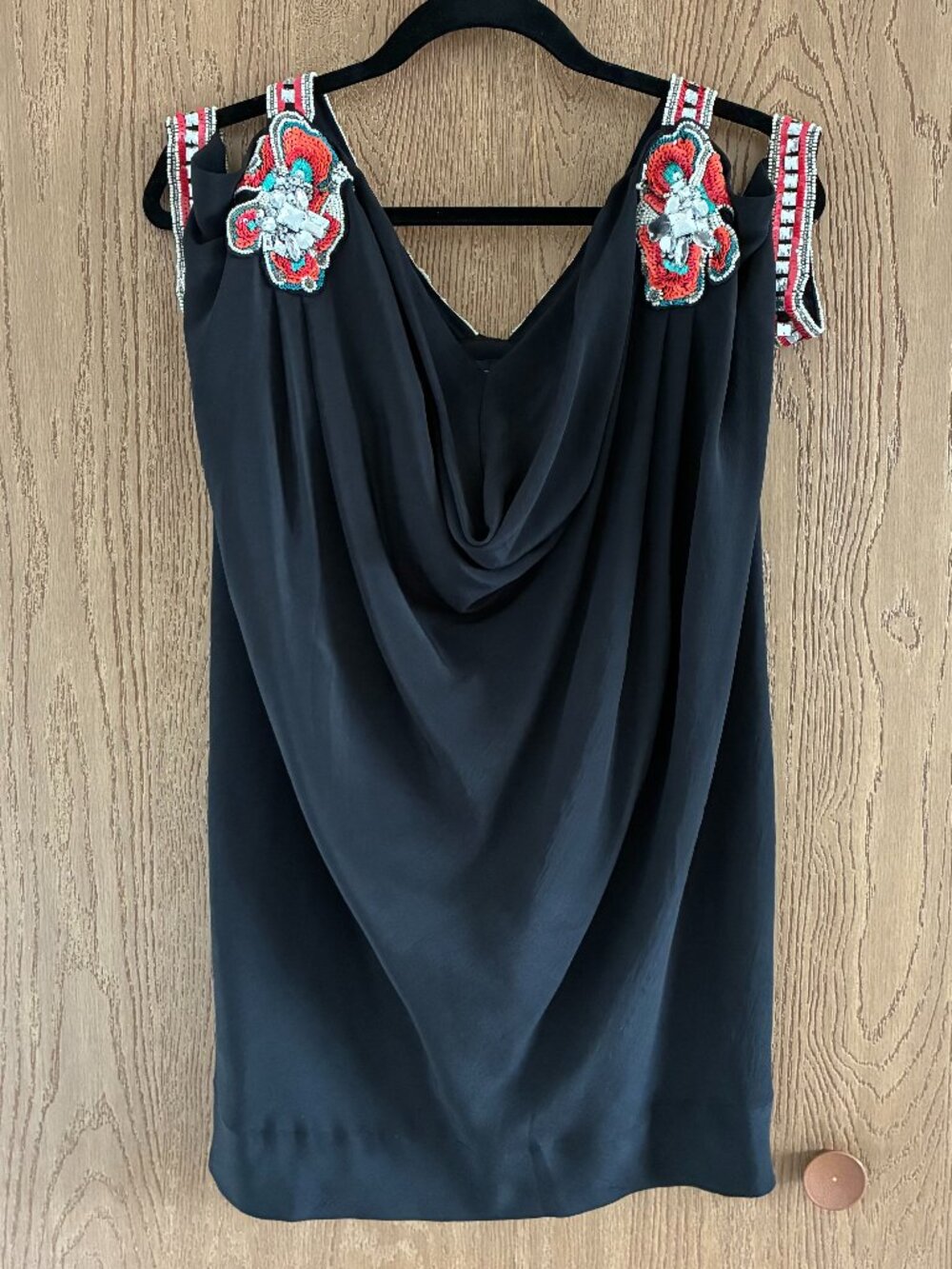 French Connection 100% Silk Size 6 black beaded cocktail dress